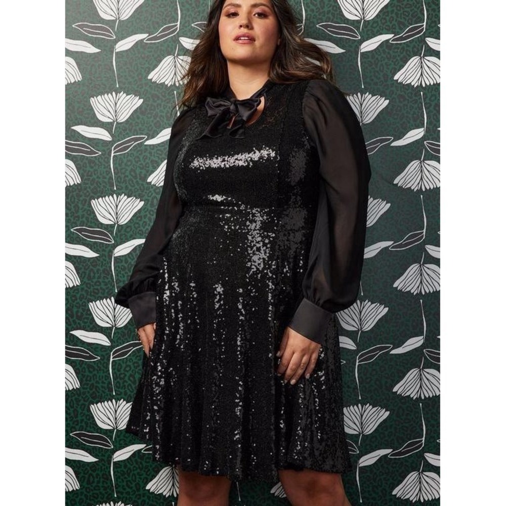 Torrid Sylvia Mollie Black Tie Neck Sequin Cocktail Formal Mini Dress Women's 12 - Picture 14 of 16